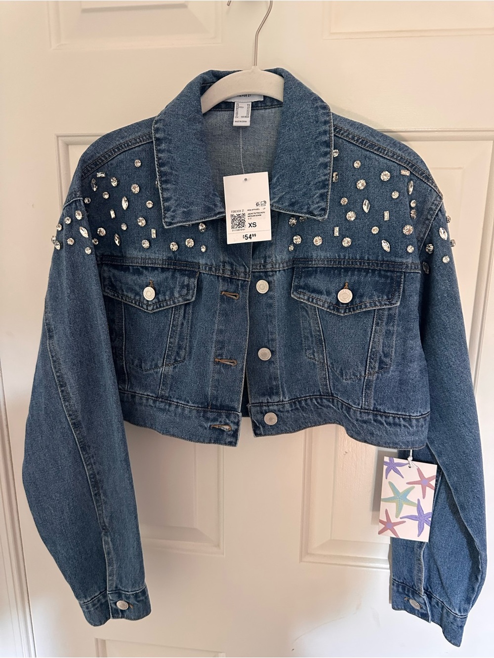 Forever 21 Dark Blue Cropped Denim Jacket with Rhinestone Embellishments